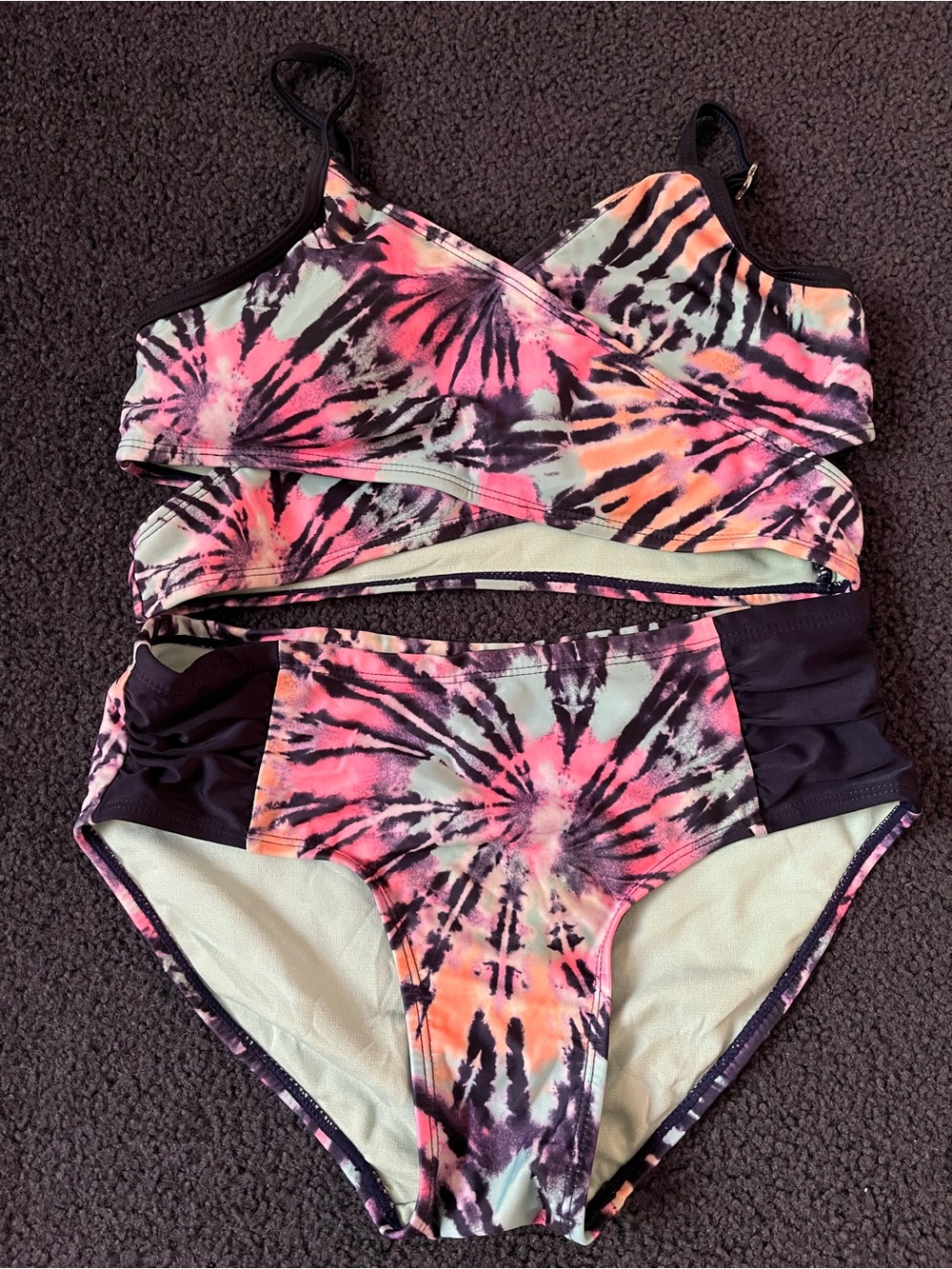 Justice High Waist Tie-Dye Bikini Set in Pink, Purple, Mint